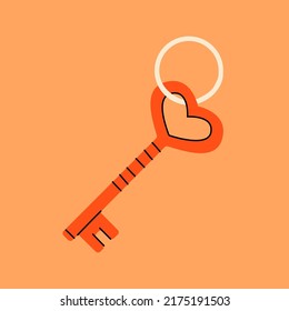 Red heart key with keyring. Hand drawn heart with key isolated on colored background. Valentine day illustration poster template