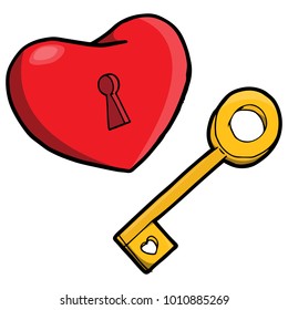 Red heart with a key. Romantic concept of the heart and the key to it. Hand drawn Valentine's day greeting card.