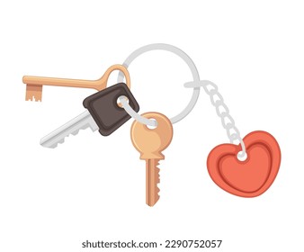 Red heart keychain with different keys vector illustration isolated on white background