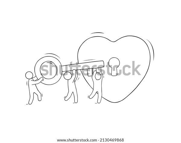 Red heart with keyhole and doodle men carring a key.\
Vector cartoon romantic illustration with happy people. Valentine\
day card with love symbol isolated on white background. Metaphor\
love concept. 