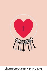 Red heart with a keyhole and a set of keys on a ring. Colored vector illustration EPS8.