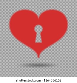 Red heart with keyhole and shadow on isolated background. Vector design element for Valentine's day, postcards.