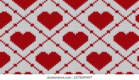 Red heart knitted pattern, Festive Sweater Design. Seamless Knitted Pattern, Christmas concept.