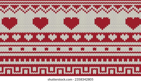 Red  heart knitted pattern for valentine concept.Festive Sweater Design. Seamless Knitted Pattern