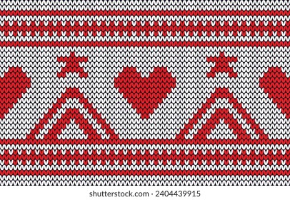 Red heart knitted pattern for valentine concept.Festive Sweater Design. Seamless Knitted Pattern