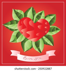 Red heart with leaves and ribbon - greetings card.  Beauty romantic print