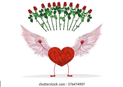 Red heart with legs and beautiful wings. Raise your hands up and threw red rose flowers. Greeting card for Valentine's Day. Empty space for your writing or advertising. Vector illustration