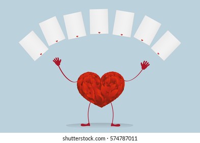 Red heart with legs. Raise your hands up and tossed empty blanks  pages for your text or advertisement and flower rose. Greeting card on Valentine's Day. Vector illustration on a blue background