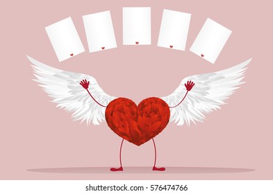 Red heart with legs and wings. Raise your hands up and tossed empty blanks  pages for your text or advertisement and flower rose. Greeting card on Valentine's Day. Vector illustration 