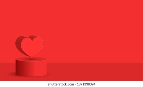 Red heart levitation on 3d cylindrical podium scene, display product showcase, vector blank mockup for poster or banner