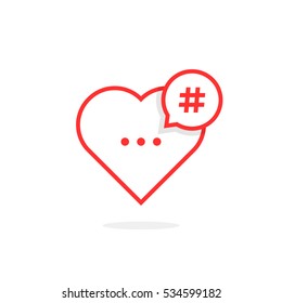 red heart like hashtag logo. concept of promotion, share interesting message, information networking badge, smm, online community. flat linear style modern logotype graphic design on white background