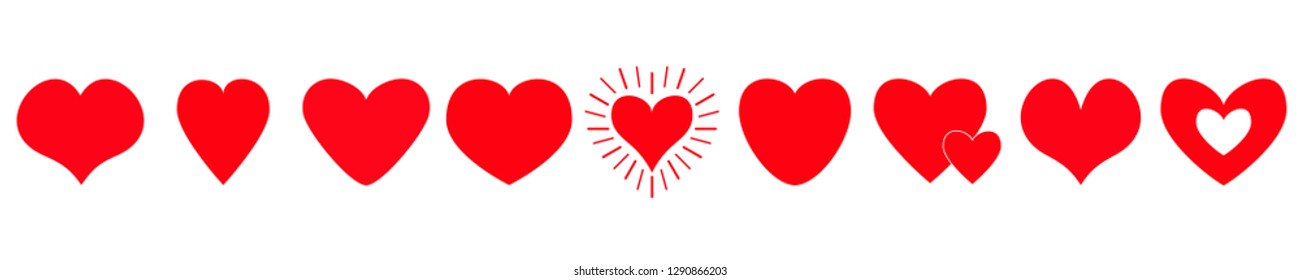Red heart line icon set. Happy Valentines day shining sign symbol simple template. Cute graphic object. Flat design style