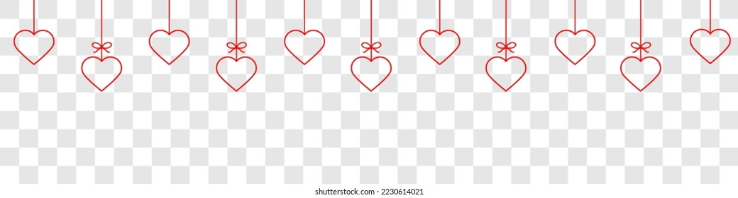 Red heart line icons.Hanging hearts garland.Set of simple hearts.Valentine's Day seamless pattern. Hearts garland isolated on a transparent background. Valentine's day decoration.