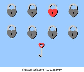 Red heart lock adn many heart grey lock with red heart key on blue background. Love with someone ,Valentine's day concept.