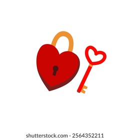 Red heart lock and key isolated on white background