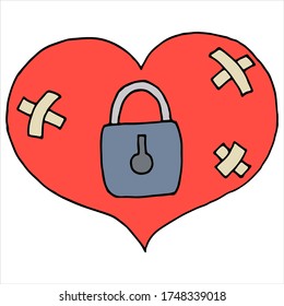 Red heart with a lock in the middle and with bandaged wounds. The concept of failed love, lack of reciprocity, suffering, pain.