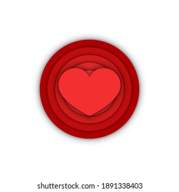 Red heart logo 3d disks shapes, creative round emblem for valentine card or volunteer fund