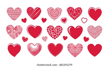 Red heart logo, label. Set icons or symbols on theme of love, wedding, Valentine's day. Vector illustration