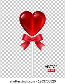 Red heart lollipop with a beautiful red bow on a transparent background, tasty candy, lovers, a treat for children. Valentines day. Food, dessert, sugar. 3D effect. Vector illustration. EPS10