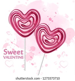 Red heart lollipop candy watercolor Vector. Sweet candy Valentine day card