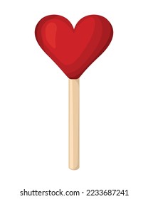 Red heart lollipop icon. Candy. Sweet. Food. Cute illustration. Vector texture. Single. Postcard. Sticker. On a white.