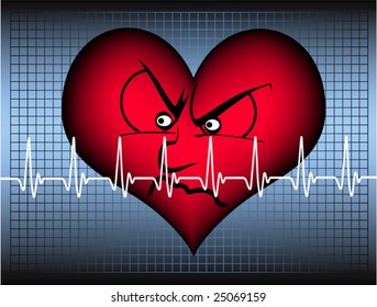 red heart looking angry with a white cardiogram line in front of a blue gradient grid