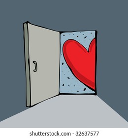 Red heart is looking out of a door