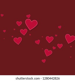 Red heart love confettis. Valentine's day falling rain optimal background. Falling stitched paper hearts confetti on maroon background. Cool vector illustration.