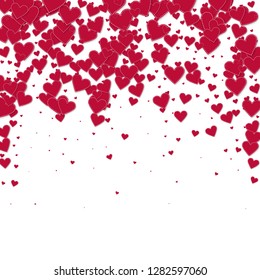 Red heart love confettis. Valentine's day falling rain classy background. Falling stitched paper hearts confetti on white background. Cool vector illustration.