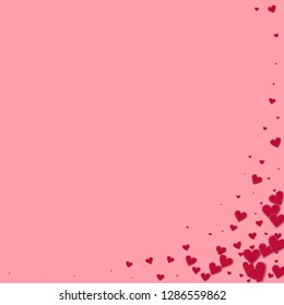 Red heart love confettis. Valentine's day corner captivating background. Falling stitched paper hearts confetti on pink background. Delightful vector illustration.