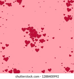 Red heart love confettis. Valentine's day explosion magnetic background. Falling stitched paper hearts confetti on pink background. Classy vector illustration.