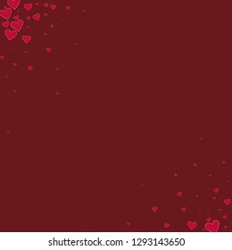 Red heart love confettis. Valentine's day corner neat background. Falling stitched paper hearts confetti on maroon background. Ecstatic vector illustration.