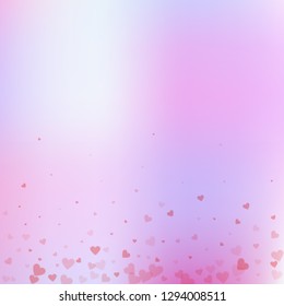 Red heart love confettis. Valentine's day gradient fascinating background. Falling transparent hearts confetti on gradient background. Exceptional vector illustration.