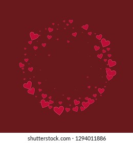 Red heart love confettis. Valentine's day frame ecstatic background. Falling stitched paper hearts confetti on maroon background. Energetic vector illustration.
