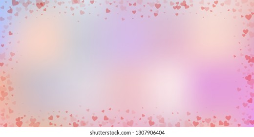 Red heart love confettis. Valentine's day frame modern background. Falling transparent hearts confetti on gradient background. Energetic vector illustration.