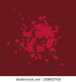 Red heart love confettis. Valentine's day explosion tempting background. Falling stitched paper hearts confetti on maroon background. Comely vector illustration.