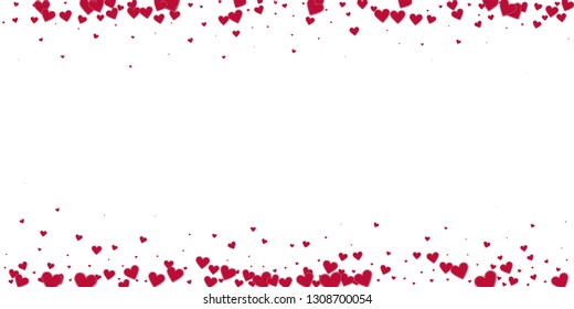 Red heart love confettis. Valentine's day border incredible background. Falling stitched paper hearts confetti on white background. Decent vector illustration.