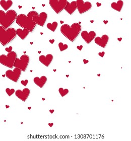 Red heart love confettis. Valentine's day gradient wondrous background. Falling stitched paper hearts confetti on white background. Cute vector illustration.