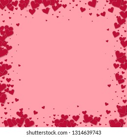 Red heart love confettis. Valentine's day frame pleasing background. Falling stitched paper hearts confetti on pink background. Enchanting vector illustration.