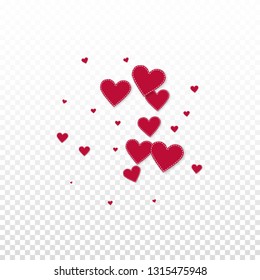 Red heart love confettis. Valentine's day explosion surprising background. Falling stitched paper hearts confetti on transparent background. Comely vector illustration.
