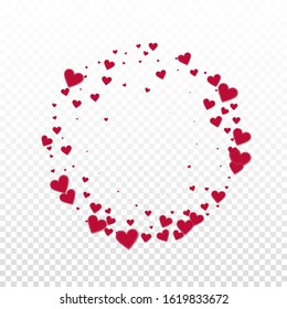 Red heart love confettis. Valentine's day frame eminent background. Falling stitched paper hearts confetti on transparent background. Energetic vector illustration.