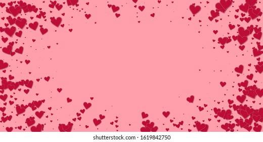 Red heart love confettis. Valentine's day vignette dramatic background. Falling stitched paper hearts confetti on pink background. Extra vector illustration.