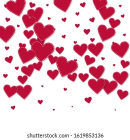 Red heart love confettis. Valentine's day gradient bewitching background. Falling stitched paper hearts confetti on white background. Cute vector illustration.