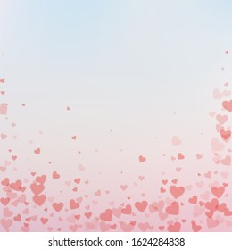 Red heart love confettis. Valentine's day falling rain fair background. Falling transparent hearts confetti on gradient background. Creative vector illustration.