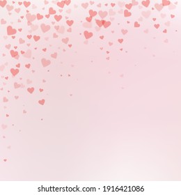 Red heart love confettis. Valentine's day falling rain captivating background. Falling transparent hearts confetti on color transition background. Curious vector illustration.