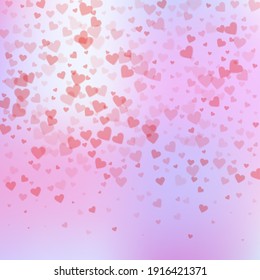 Red heart love confettis. Valentine's day gradient dazzling background. Falling transparent hearts confetti on delicate background. Cute vector illustration.