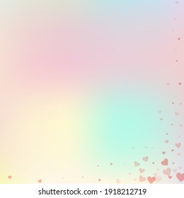 Red heart love confettis. Valentine's day corner cute background. Falling transparent hearts confetti on delicate background. Delightful vector illustration.
