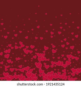 Red heart love confettis. Valentine's day gradient wonderful background. Falling stitched paper hearts confetti on maroon background. Exquisite vector illustration.