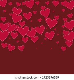 Red heart love confettis. Valentine's day gradient magnetic background. Falling stitched paper hearts confetti on maroon background. Exotic vector illustration.