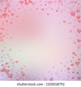 Red heart love confettis. Valentine's day vignette worthy background. Falling transparent hearts confetti on color transition background. Dazzling vector illustration.